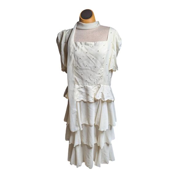Vtg 1980s Michael Maiello Pat Richards Ivory Pearl Beaded Tiered Midi Dress 20 - Picture 2 of 9